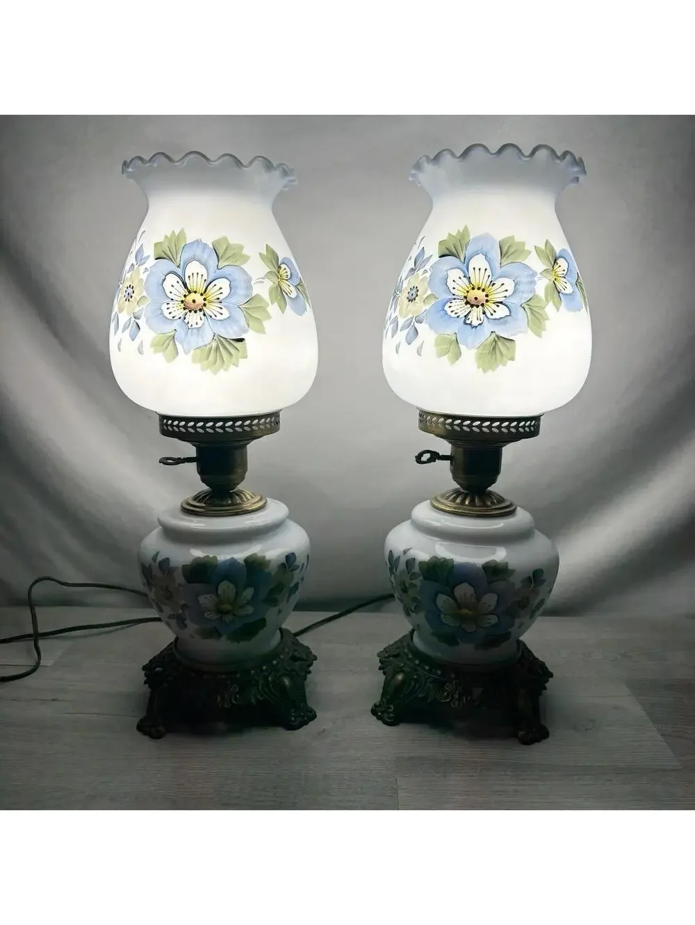 Vintage Pair of Blue Floral Milk Glass Table Lamps